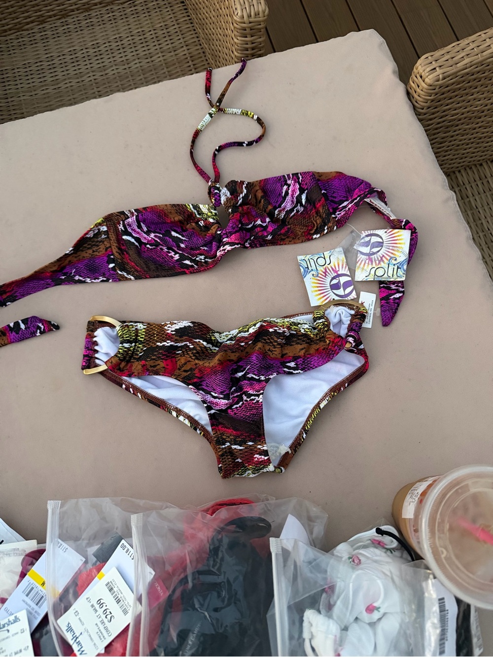 split Pink & Brown Snake-Print Bandeau Bikini Set